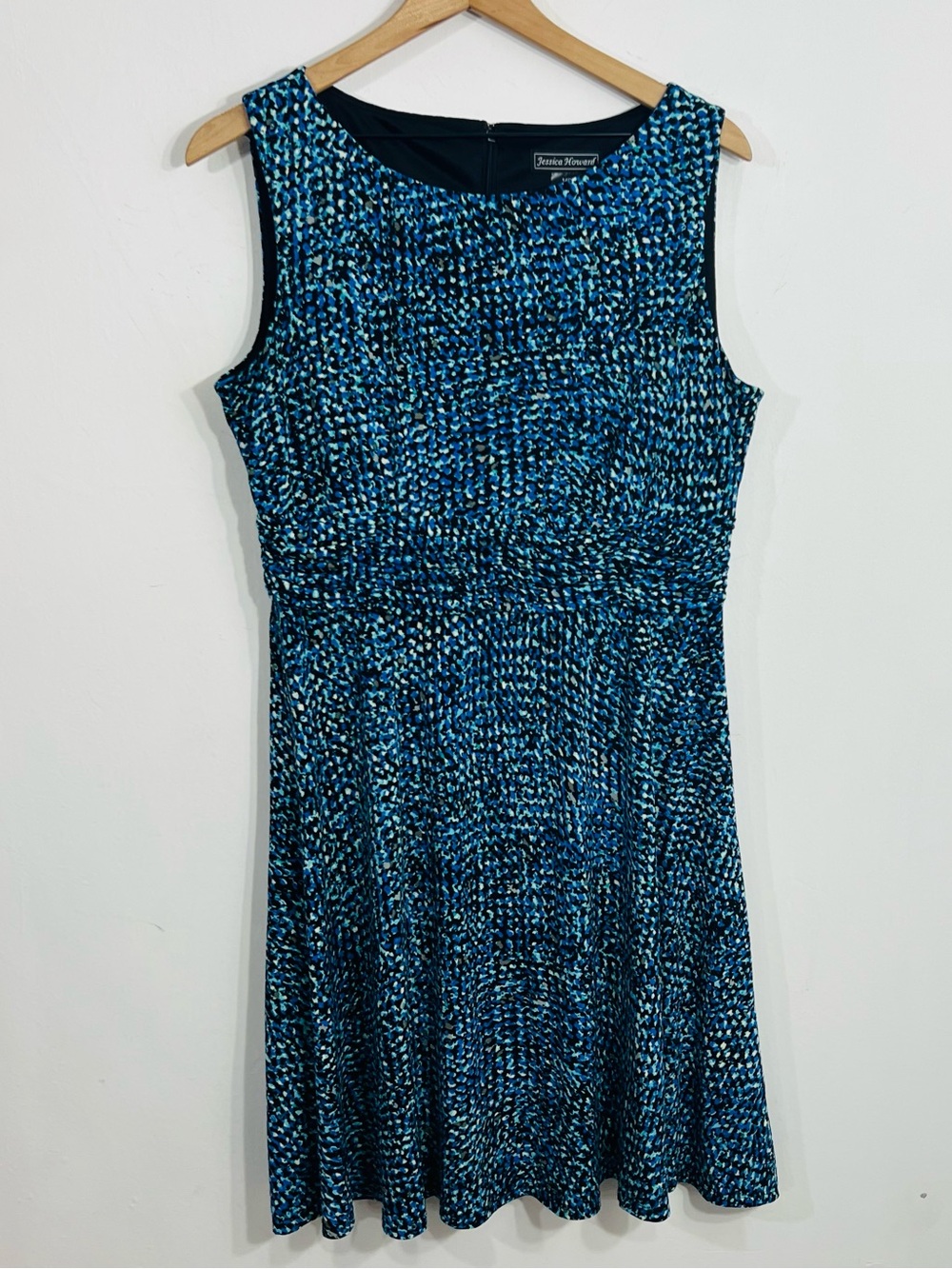 Jessica Howard 14P Blue Black White Abstract Knit Fit & Flare Lined Zip Dress